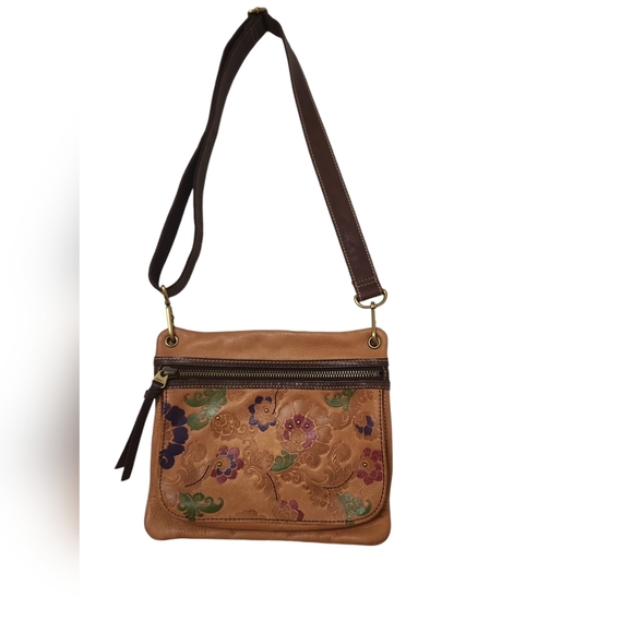 Fossil Handbags - Fossil Vtg Brown Cognac Floral Embossed Genuine Leather Boho Y2K Crossbody Bag